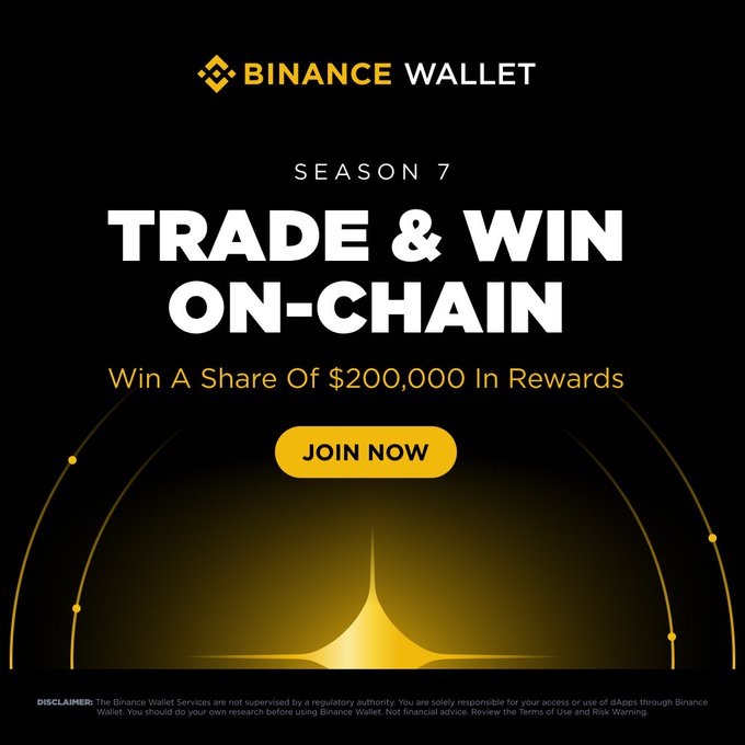 The image is a Binance Wallet promotional banner for "Season 7: Trade & Win On-Chain," offering a share of $200,000 in rewards with a "Join Now" call-to-action button, tying into the post's announcement of a trading campaign where Peach-launched assets earn 2x leaderboard credit on Binance Wallet.