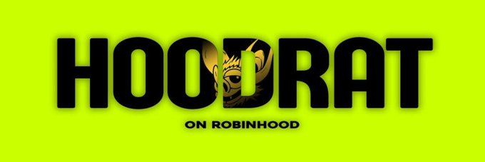 A bold black "HOODRAT" logo with a stylized rat graphic embedded in the text is set against a bright neon yellow-green background, with the tagline "ON ROBINHOOD" displayed below. The striking visual mirrors the post's focus on the $HOODRAT meme token, emphasizing its recognizable branding and Robinhood-themed identity as a potential early-stage play in the meme meta.