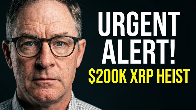 A close-up of Ripple CEO Brad Garlinghouse appears alongside bold text reading "URGENT ALERT!" and "$200K XRP HEIST," corresponding to the post's announcement of a $200,000 XRP theft, Ripple's CEO reportedly being missing, and SEC involvement, with a link to the full YouTube video.