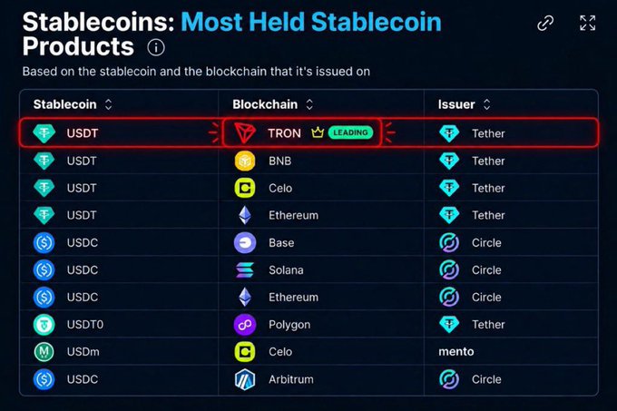 A data table titled "Stablecoins: Most Held Stablecoin Products" highlights USDT issued by Tether on the TRON blockchain (marked "Leading") as the top entry, followed by USDT on BNB, Celo, and Ethereum, along with USDC variants on Base, Solana, Ethereum, Polygon, and Arbitrum. The accompanying caption emphasizes that real blockchain infrastructure continues delivering value, liquidity, and scalable activity—reinforced by TRON's leading position in stablecoin holdings.