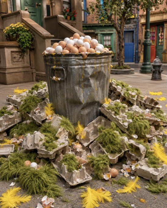 A rusty metal trash can overflows with white eggs, surrounded by scattered egg cartons, yellow feathers, and green moss on a city street.