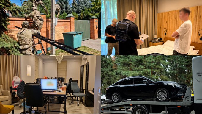 A four-panel collage shows military personnel in camouflage, individuals in a hotel room with documents, an office space with Santa decorations, and a black luxury sedan loaded onto a tow truck.