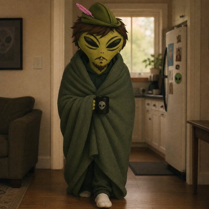 A humorous edited image showing a person wrapped in a green blanket wearing an alien mask and a small green hat with a pink feather, standing in a kitchen holding a black mug with an alien logo.