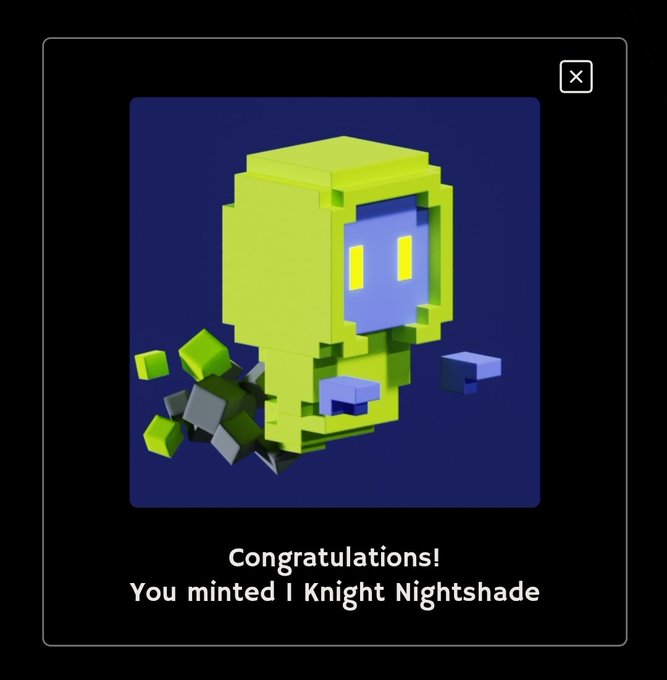 A pixel art NFT achievement screen showing a green knight character with the text 'Congratulations! You minted 1 Knight Nightshade'.