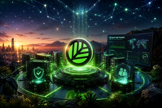 A vibrant digital artwork depicts the 'QUIP NETWORK' logo and platform, surrounded by servers, security shields, and glowing green technology against a sunset cityscape.