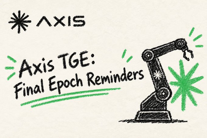 A hand-drawn style graphic for 'AXIS' featuring a sketched robotic arm and the text 'Axis TGE: Final Epoch Reminders' with green accent lines and starbursts.