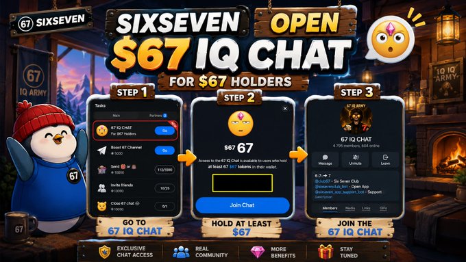 A promotional graphic for 'SIXSEVEN OPEN $67 IQ CHAT FOR $67 HOLDERS', showing three steps: go to 67 IQ Chat, hold at least $67, and join the 67 IQ Chat, with a penguin mascot and references to Six Seven Club.