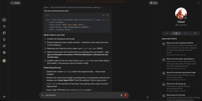 A screenshot of a Claude AI chat interface displaying instructions for setting up a NEAR wallet using bash commands, including curling near-cli.sweet.io and exporting environment variables like NEAR_CLI_MAINNET and WALLET_ACCOUNT_ID.