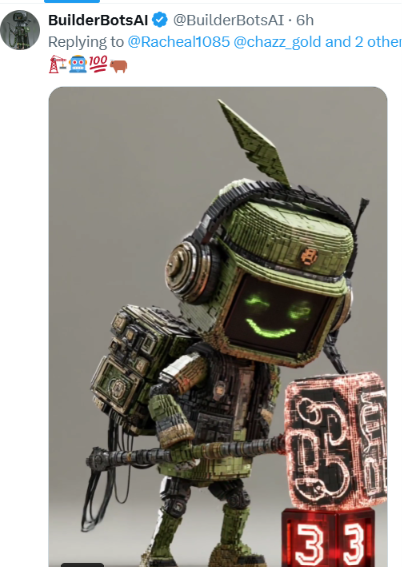A tweet from @BuilderBotsAI features a green robotic character with a smiling digital face, wearing a knit cap and holding a large hammer displaying the numbers "333," visually promoting their project of 333 AI bots that users can own and interact with.