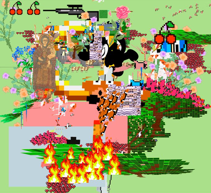 A chaotic, glitch-style digital artwork featuring a pixelated female figure surrounded by flames, flowers, and a classical religious icon, set against a pastel green and pink background with scattered pixel-art cherries and birds—evoking a surreal, vaporwave aesthetic that complements the "Collected on Tezos!" theme of digital art curation.