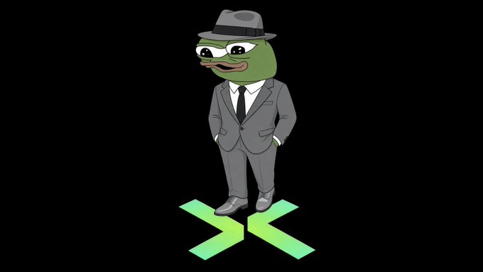 A cartoon Pepe the Frog character wearing a gray suit, fedora, and standing on a green X logo against a black background.