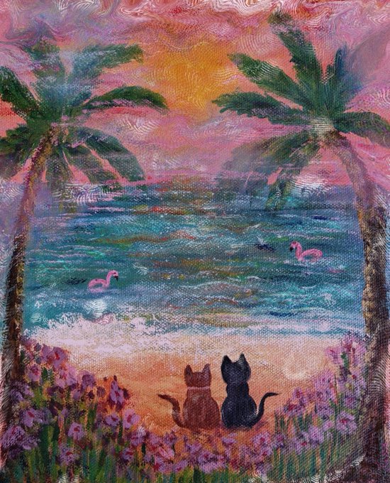 A colorful painting of two cats (one brown, one black) sitting on a beach facing a sunset ocean scene, flanked by palm trees with pink flamingos floating in the water and purple flowers in the foreground.