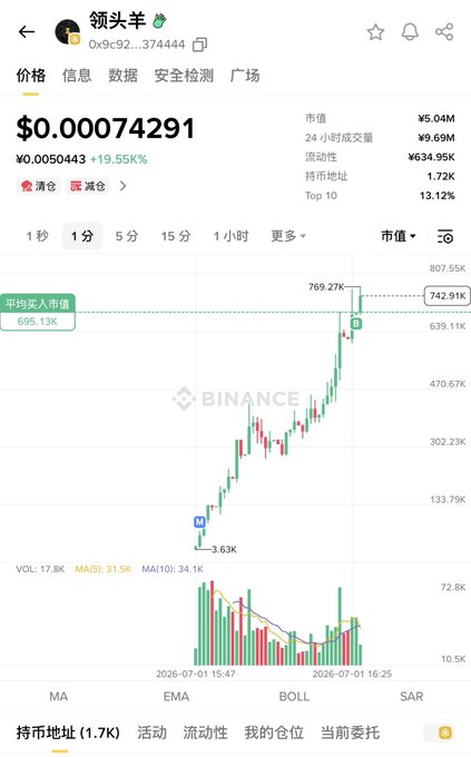 Binance price chart for token 领头羊 (0x9c92...374444) showing a price of $0.00074291, up 19.55%, with a strong upward price trend to a high of 769.27K.