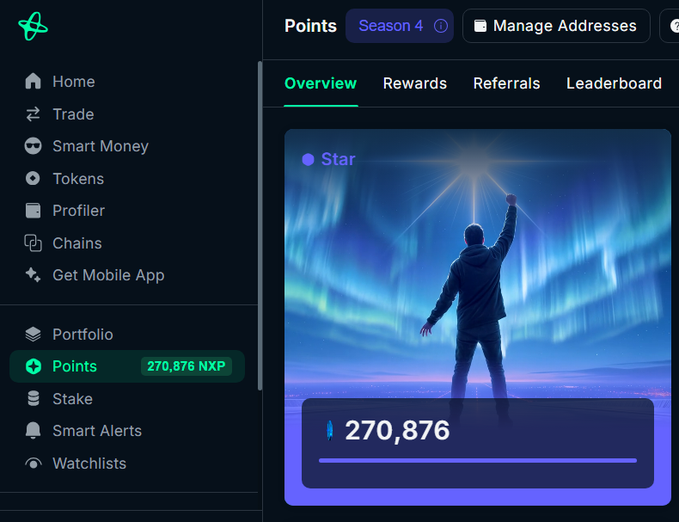 A crypto app screenshot showing a 'Points' dashboard for 'Season 4' with 270,876 NXP points displayed alongside an illustration of a person reaching toward a star under auroras.