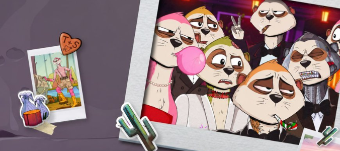 Two polaroid-style photos are displayed: one showing a stressed, disheveled cartoon character labeled with "Tx3," and another showing the same character relaxing in a tuxedo alongside upbeat friends, with a heart and "Tx3" sticker, visually representing the app's before-and-after calming effect.