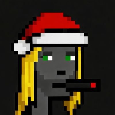 A pixel art character with yellow hair wearing a red and white Santa hat, holding a black handgun against a dark background.