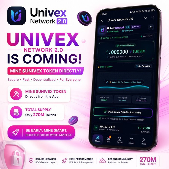 Promotional graphic for Univex Network 2.0 announcing the launch of their cryptocurrency mining app, featuring a smartphone mockup displaying mining stats, node status, and a total supply of 270M tokens.
