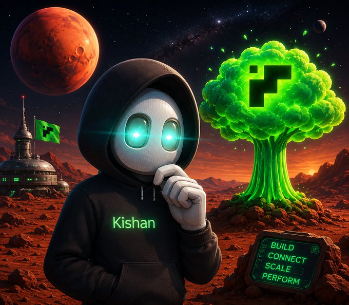 A hooded robotic figure with glowing green eyes stands on a Martian landscape, wearing a black hoodie labeled "Kishan," with a flag bearing the "TxFlow" logo flying beside a futuristic dome base and a luminous green tree displaying the same logo, while a digital screen reads "BUILD CONNECT SCALE PERFORM." The scene visually reinforces the post's message about TxFlow_L1's role as foundational infrastructure for onchain finance—evoking themes of building from scratch, growth, and interconnected systems on a new frontier, much like establishing a colony where shared resources and settlement are essential from the ground up.