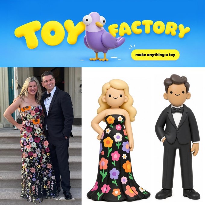 An advertisement for 'TOY FACTORY' with the tagline 'make anything a toy', showing a side-by-side comparison of a real couple and a custom 3D cartoon figurine made to look like them.