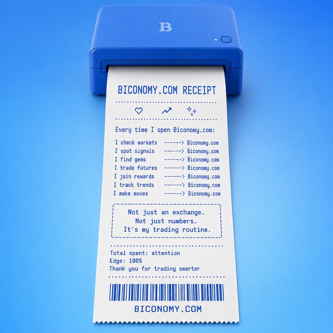 A blue Biconomy receipt printer prints a styled "BICONOMY.COM RECEIPT" listing repeated trading actions ("I check markets -----> Biconomy.com" through "I make moves -----> Biconomy.com"), with the tagline "Not just an exchange. Not just numbers. It's my trading routine." and a footer reading "Total spent: attention, Edge: 100%," visually reinforcing the post's theme of Biconomy.com as a daily trader ritual.