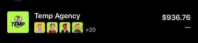 The image shows a screenshot of a "Temp Agency" app icon with a balance of $936.76 and four cartoon worker avatars with "+20" additional users, which appears to showcase an earnings screenshot from a money-making app. The post presents this as an "Alpha call" — an early tip about a profitable opportunity — to encourage others to try the app before it becomes widely known.