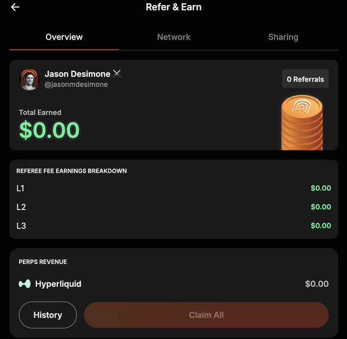 The image shows a "Refer & Earn" dashboard for Jason Desimone (@jasonmdesimone) with 0 referrals and $0.00 in total earnings, displaying breakdowns for L1, L2, and L3 referee fees alongside Perps Revenue for Hyperliquid, with a "Claim All" button at the bottom. This dashboard relates to the post as it showcases the newly launched referral system the user is promoting, highlighting the platform being used (Hyperliquid) and the earnings potential from their referral code "JASON."