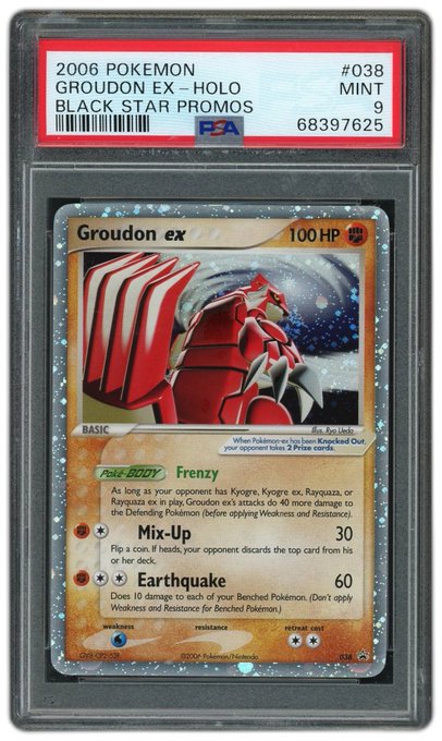 A PSA-graded Mint 9 holographic 2006 Pokémon Groudon EX Black Star Promo card (#038, cert. 68397625) with 100 HP, featuring Fire Body, Frenzy, Mix-Up, and Earthquake attacks. The image appears unrelated to the accompanying post about a gacha protocol, as it simply shows a collectible Pokémon trading card rather than any content about gaming economies or crypto.