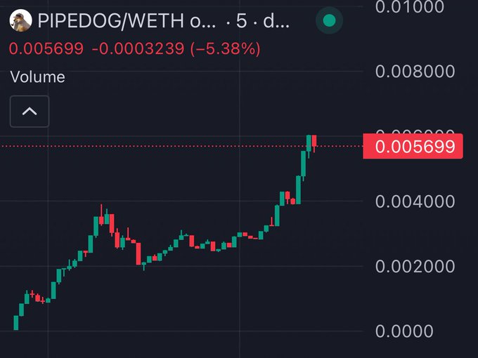 A candlestick chart showing the PIPEDOG/WETH trading pair priced at 0.005699 WETH, up significantly on the day with a sharp upward trend from near 0 WETH, illustrating a meme coin pump that aligns with the post's excitement about a random on-chain runner.