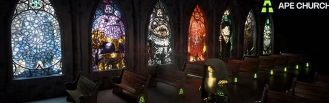 An image showing stained glass windows in what appears to be a church or cathedral setting, with the text 'APE CHURCH' in the top right corner.