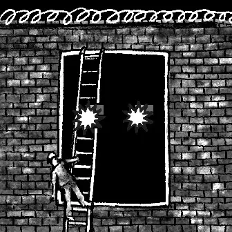 A black and white illustration shows a figure on a ladder looking through a barred window with star-shaped bullet holes in the glass.