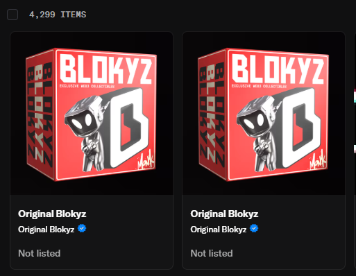 An NFT marketplace listing showing '4,299 ITEMS' and two 'Original Blokyz' collectibles in red boxes.