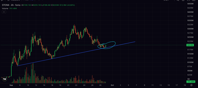 A cryptocurrency trading chart showing TON on a 4-hour timeframe with candlestick patterns, an upward trendline, and a circled area near the $203M price level.