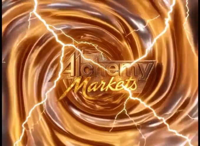 A swirling vortex of molten bronze and gold is fractured by jagged lightning bolts, with "Alchemy Markets" emblazoned at the center—visually amplifying the post's announcement of the platform's automated market maker that instantly buys any metals listed below live spot prices. The electrified, alchemical imagery evokes the transformative, lightning-fast transactions powering Alchemy Markets.xyz's new native metals marketplace integration.