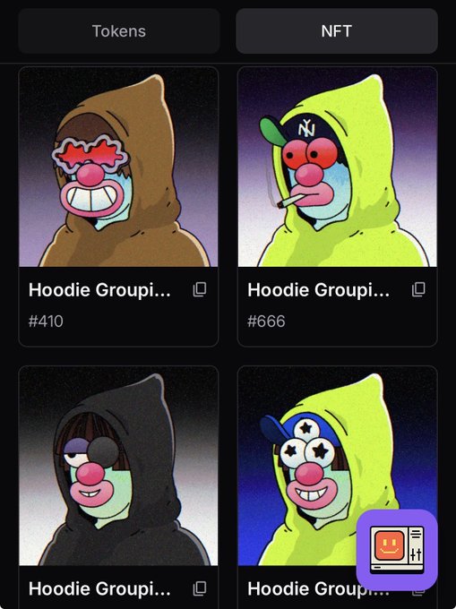 A mobile app screen displaying an NFT collection with toggle buttons for 'Tokens' and 'NFT', showing four cartoon character NFTs labeled 'Hoodie Groupi...' with numbers #410 and #666.