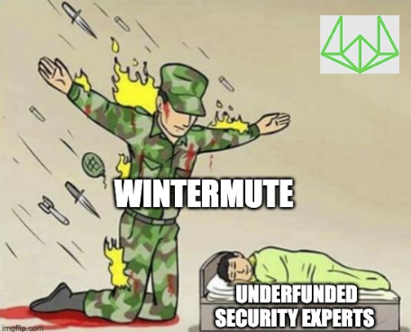 The image features a cartoon depiction of a soldier kneeling down with his arms outstretched, as if he's praying or offering something. The soldier is wearing a green camouflage uniform and has a gun in his hand. In front of him, there are several knives scattered around, which appear to be falling from the sky. Above this scene, there is a green triangle symbolizing a warning sign. Below the soldier, there is text that reads "Wintermute Underfunded Security Experts".