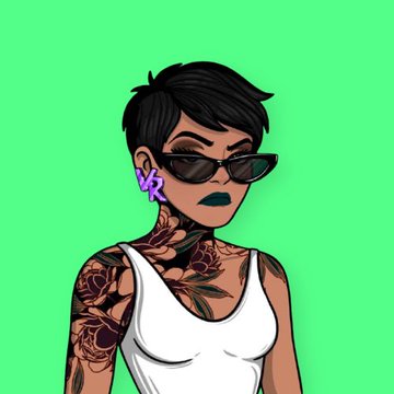 A cartoon-style illustration of a woman with short black hair, dark sunglasses, dark lipstick, a white tank top, and rose tattoos covering her arms and neck, set against a green background.