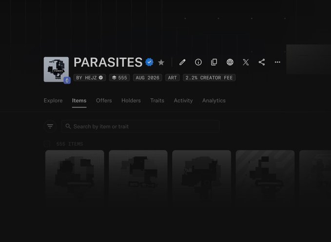 A dark-themed NFT marketplace page displaying a collection called 'PARASITES' by HEJZ, showing 555 items with a 2.2% creator fee.