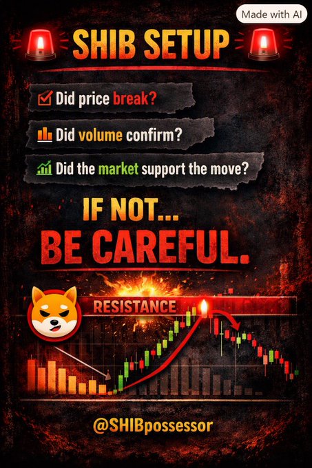 A dark-themed cryptocurrency trading graphic titled "SHIB SETUP" with red warning lights, checklist items asking about price break, volume confirmation, and market support, and a Shiba Inu dog emoji next to a chart showing resistance levels.