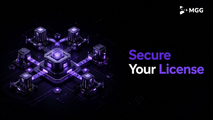 A promotional graphic for MGG showing an isometric 3D render of glowing purple server buildings connected by circuit lines, with the text "Secure Your License" in purple and white.