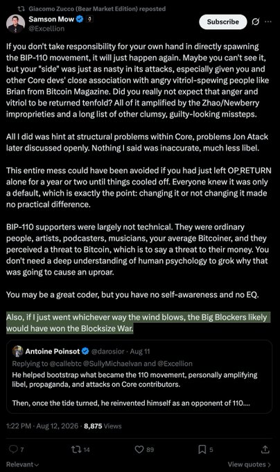 A X (Twitter) post by Samson Mow (@Excellion) discusses the Bitcoin BIP-110 movement and Block Size War, quoting Antoine Poisnot (@darosior) about a '110 movement' and 'Big Blockers' winning the Block Size War.