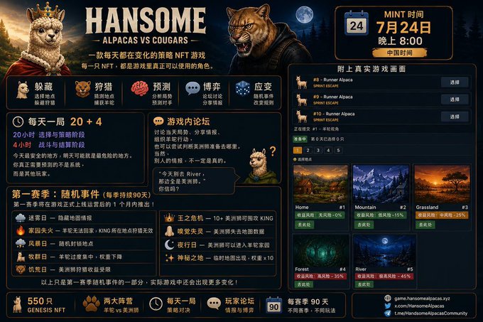 A promotional banner for "HANSOME — ALPACAS VS COUGARS" NFT game launching on July 24 at 8:00 PM, featuring 550 Genesis NFTs split between Alpaca and Cougar factions, with a 90-day season offering psychological mind games, daily 20+4 hour play schedules, and random events like "Smoke Bomb" deployment for $HANSOME rewards.
