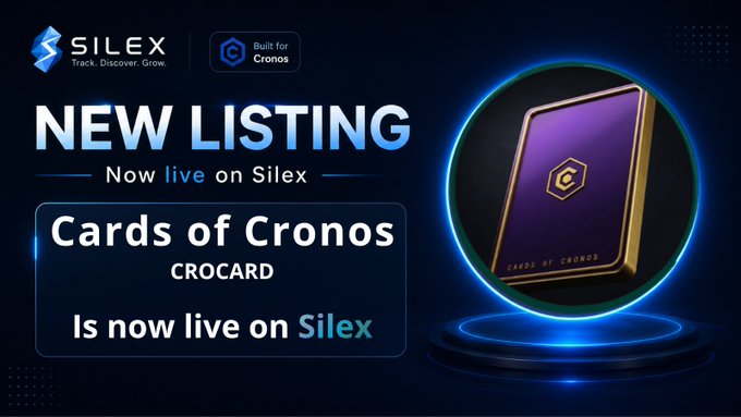 A promotional graphic announcing the new listing of 'Cards of Cronos' (CROCARD) on Silex, featuring a gold-edged purple card and 'Built for Cronos' badge.