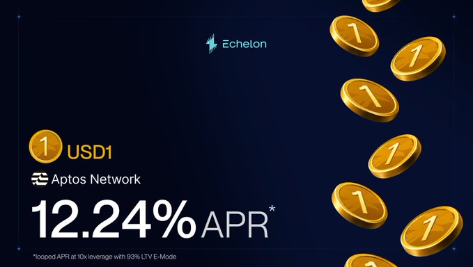 The image is a promotional graphic from Echelon highlighting a 12.24% APR yield opportunity on USD1 through a leveraged looping strategy on the Aptos Network. Golden coins with "1" markings cascade down the right side against a dark blue background, visually reinforcing the "loop" concept referenced in the post. The fine print notes the 12.24% APR is achieved at 10x leverage with 93% LTV E-Mode, corresponding to the 4.87% supply and 3.92% borrow rates mentioned.