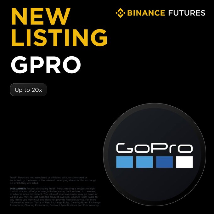 A Binance Futures promotional graphic announces a new listing for GPRO (GoPro) perpetuals, offering up to 20x leverage against a black background with the platform's yellow branding and a GoPro logo, directly supporting the post's announcement of the new TradFi perpetual contract.