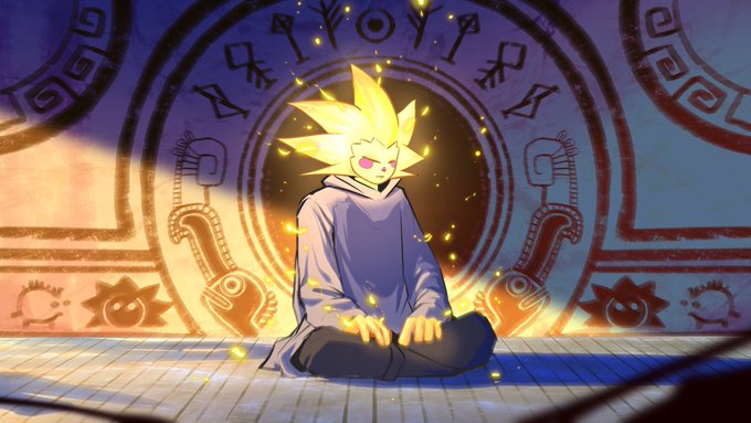 An anime-style character with spiky blonde hair and glowing red eyes sits cross-legged in a meditative pose, surrounded by a mystical golden aura and ornate ancient runes. The image evokes a sense of spiritual power and readiness, aligning with the post's anticipation of "minting this week" as if channeling supernatural energy for an upcoming NFT or token launch.
