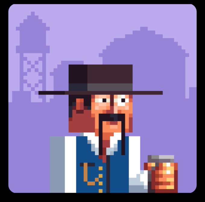 A pixel art illustration of a man with a mustache, wearing a wide-brimmed hat and vest, holding a jar against a purple background with silhouetted buildings.