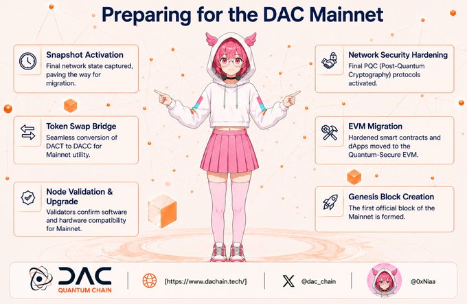 An infographic titled 'Preparing for the DAC Mainnet' featuring an anime-style character and listing technical preparations including Snapshot Activation, Token Swap Bridge, Node Validation & Upgrade, Network Security Hardening, EVM Migration, and Genesis Block Creation, with contact info for DAC Quantum Chain.