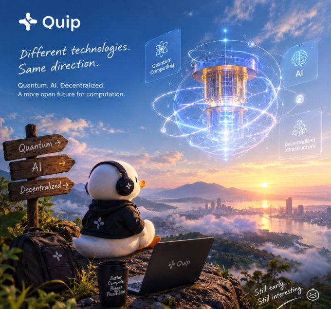 A promotional image for 'Quip' with the tagline 'Different technologies. Same direction. Quantum. AI. Decentralized.' showing a duck with headphones using a laptop overlooking a futuristic cityscape.