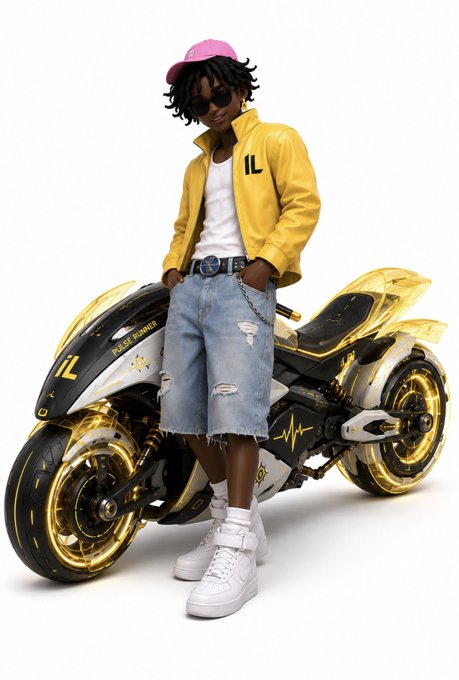The image features a young man wearing a yellow jacket and blue jeans standing next to a motorcycle with neon lights. He has sunglasses on and appears to be posing for the photo. The background of the image is white, which contrasts with the vibrant colors of his outfit and the motorcycle's neon lights. There are no other objects or people in the scene, making it a simple yet striking composition that highlights the subject and his attire.