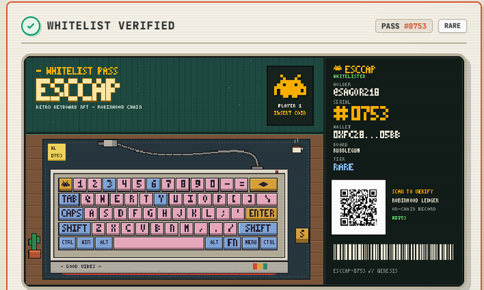 A digital "WHITELIST VERIFIED PASS" for "ESCOOP" styled like a retro keyboard ticket, marked "PASS #0753" and "RARE".